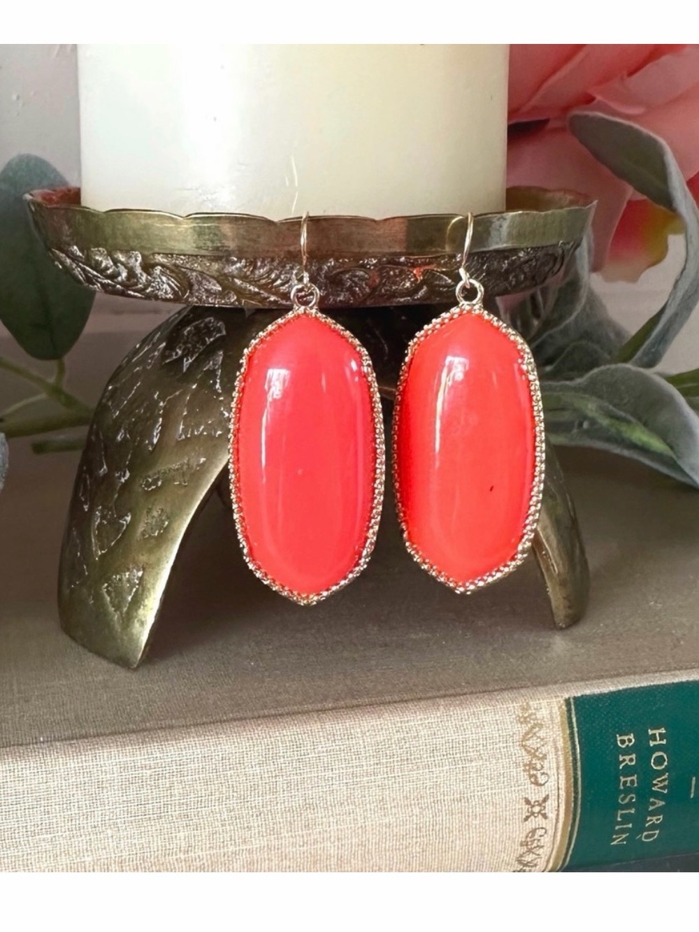 Bohemian Gold-Trim Coral Drop Earrings - Women Jewelry